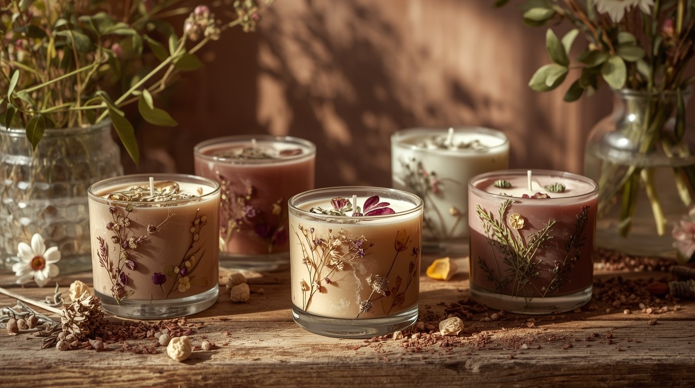 Hand-poured soy wax candles with botanical elements